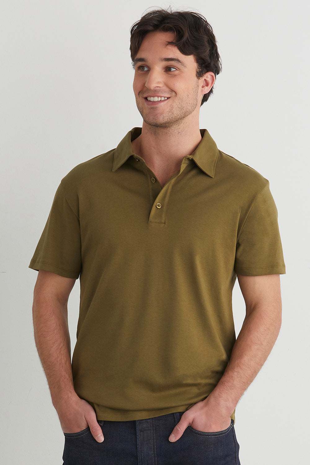 mens organic pima cotton luxe polo shirt - olive green - fair indigo fair trade ethically made