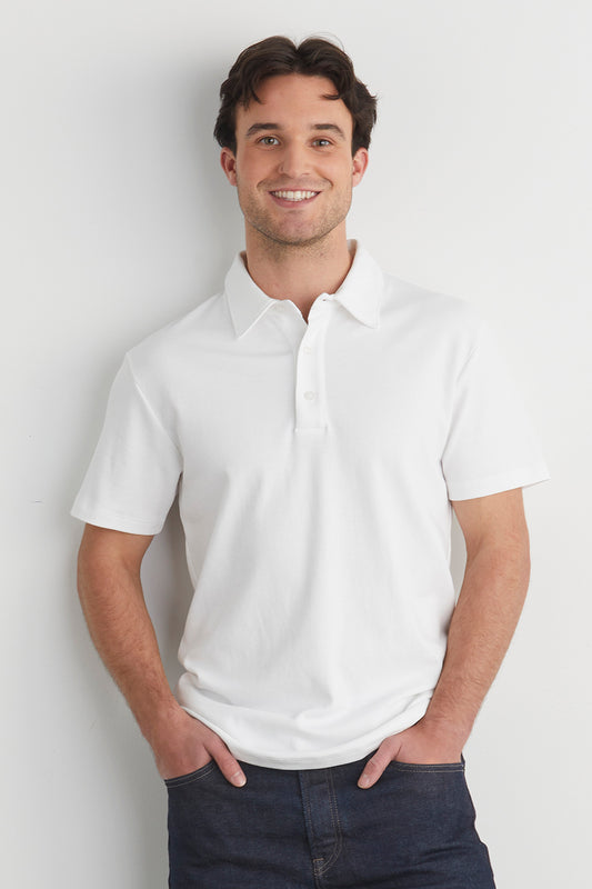 mens organic all cotton luxe polo - white - fair indigo fair trade ethically made