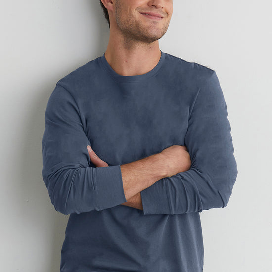 mens organic 100% cotton long sleeve tee - slate blue- fair indigo - ethically made fair trade