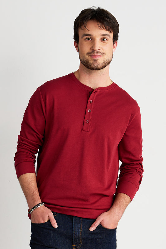 mens organic cotton long sleeve henley- bonfire red - fair trade ethically made