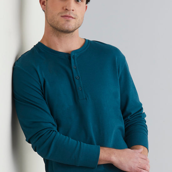 mens organic cotton long sleeve henley- deep teal green - fair trade ethically made