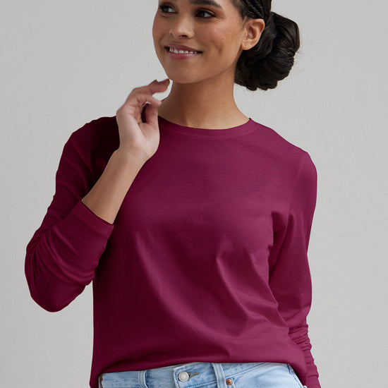 womens 100% cotton relaxed long sleeve crew neck tee - boysenberry magenta - fair trade ethically made