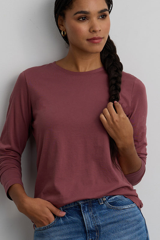 womens 100% cotton relaxed long sleeve crew neck tee - soft plum pink - fair trade ethically made