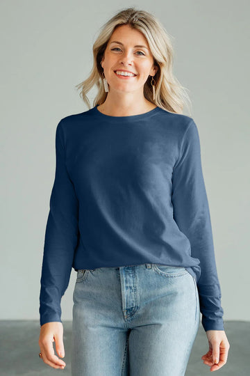 womens organic all cotton relaxed long sleeve crew neck t-shirt- dark ocean blue - fair trade ethically made