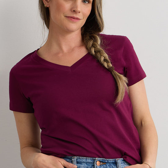 womens organic cotton relaxed v-neck t-shirt - boysenberry magenta- fair indigo - ethically made fair trade