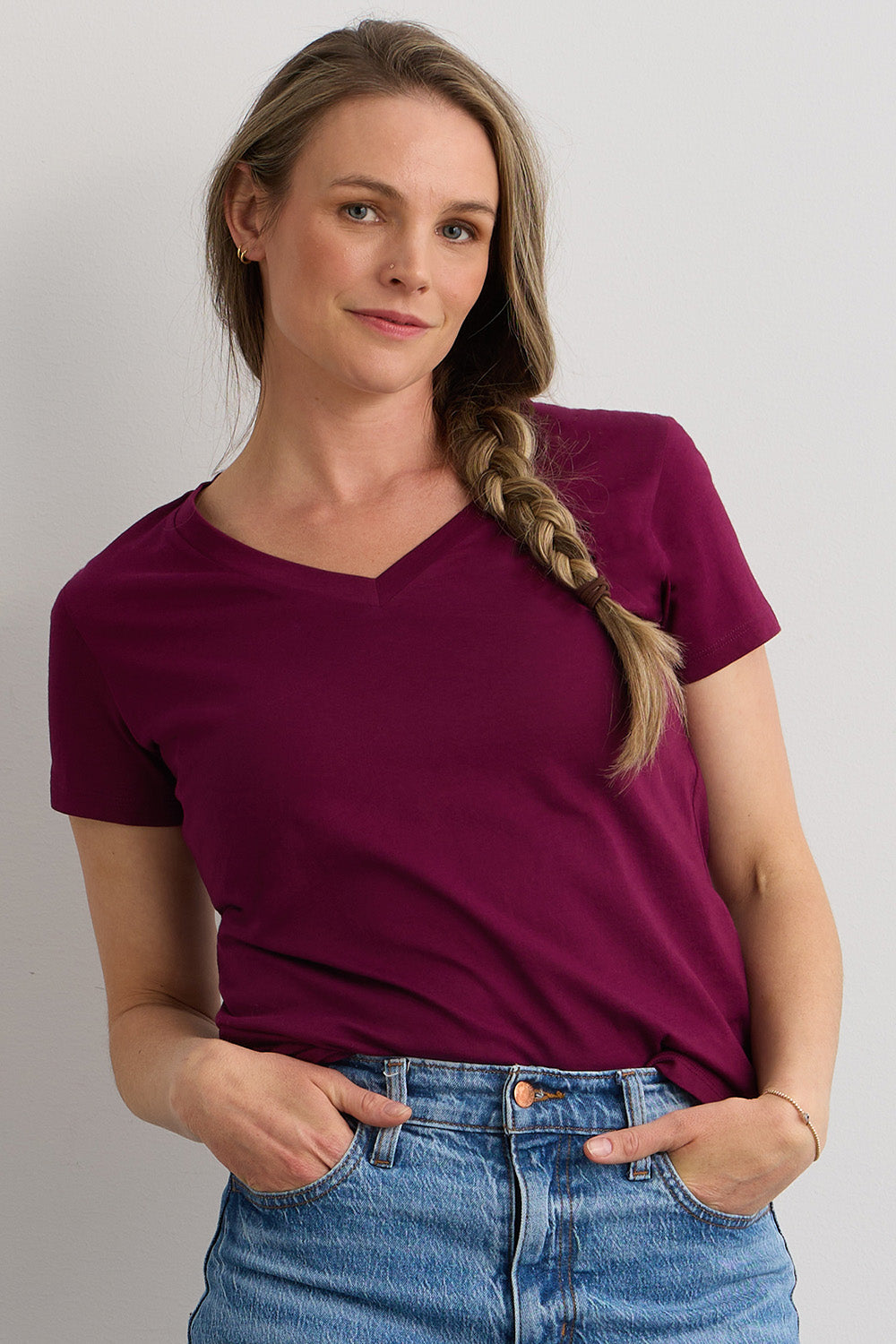 womens organic cotton relaxed v-neck t-shirt - boysenberry magenta- fair indigo - ethically made fair trade