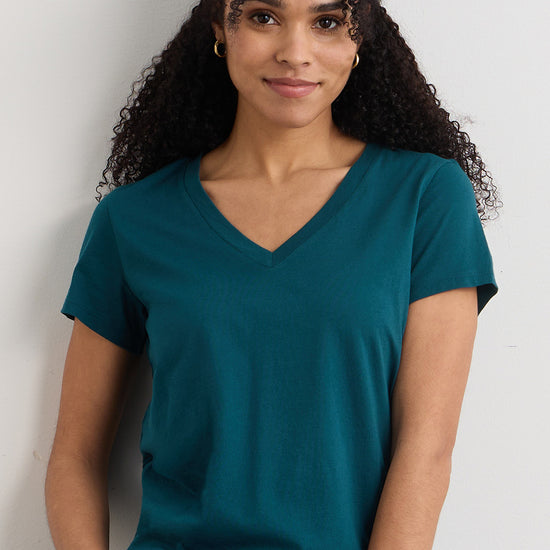 womens 100% organic cotton relaxed short sleeve v-neck t-shirt - deep teal green- fair indigo - ethically made fair trade