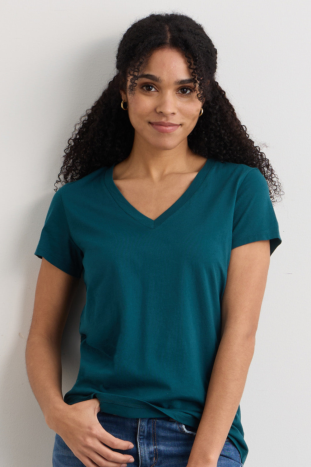 womens 100% organic cotton relaxed short sleeve v-neck t-shirt - deep teal green- fair indigo - ethically made fair trade
