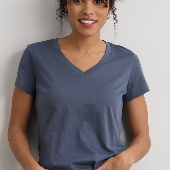 womens organic cotton relaxed v-neck t-shirt - slate blue- fair indigo - ethically made fair trade