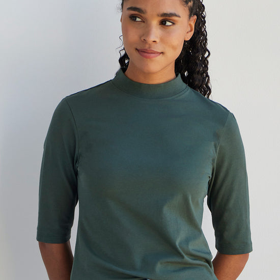 womens organic cotton half sleeve mock neck t-shirt - balsam green - fair indigo fair trade ethically made