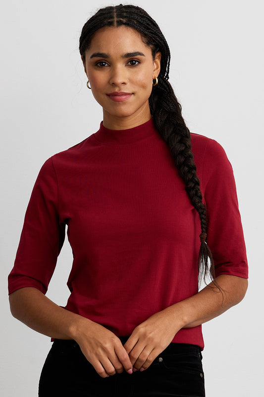 womens organic pima cotton half sleeve mock neck tee - bonfire red- fair indigo fair trade ethically made