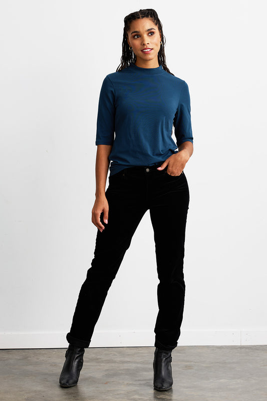 womens organic half sleeve mock neck tee - dark ocean blue - fair indigo fair trade ethically made