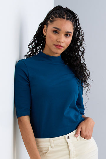 womens organic half sleeve mock neck tee - peacock blue - fair indigo fair trade ethically made