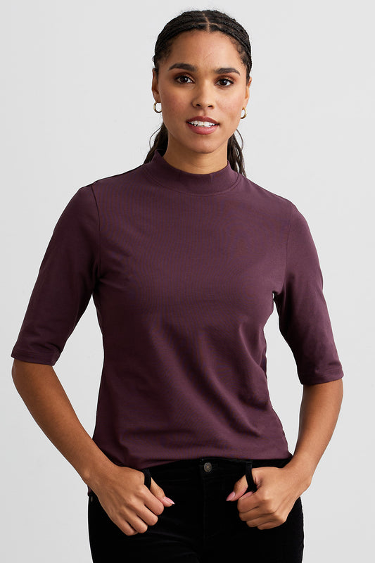 womens organic cotton half sleeve mock neck top - raisin purple - fair indigo fair trade ethically made