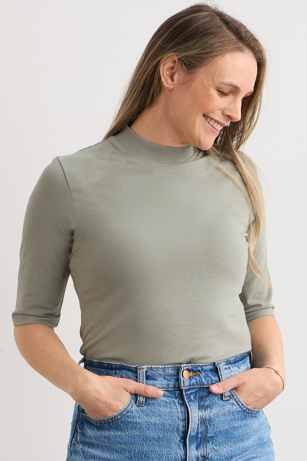 womens organic half sleeve mock neck tee - sage green - fair indigo fair trade ethically made