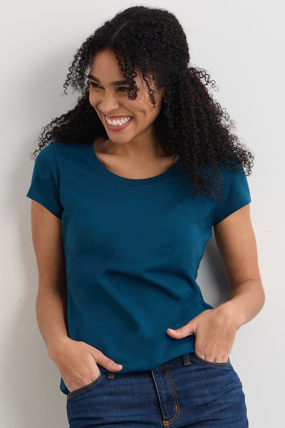 womens organic slim fit scoop neck tee - peacock green - fair indigo - fair trade