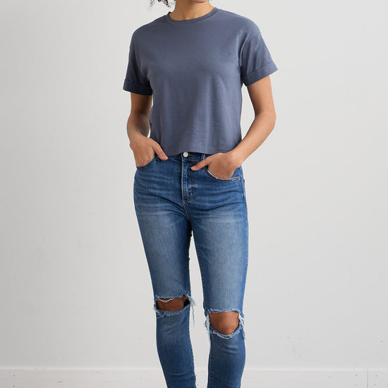 womens organic all cotton relaxed crop t-shirt- slate blue - fair trade ethically made