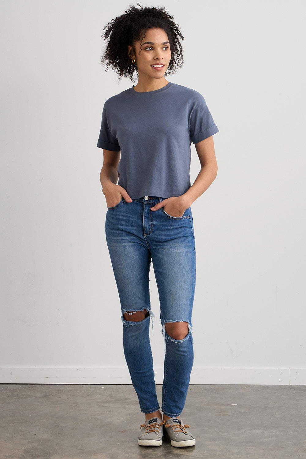 womens organic all cotton relaxed crop t-shirt- slate blue - fair trade ethically made