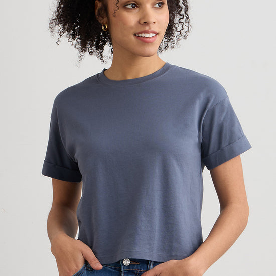 womens 100% organic cotton relaxed crop t-shirt- slate blue - fair trade ethically made