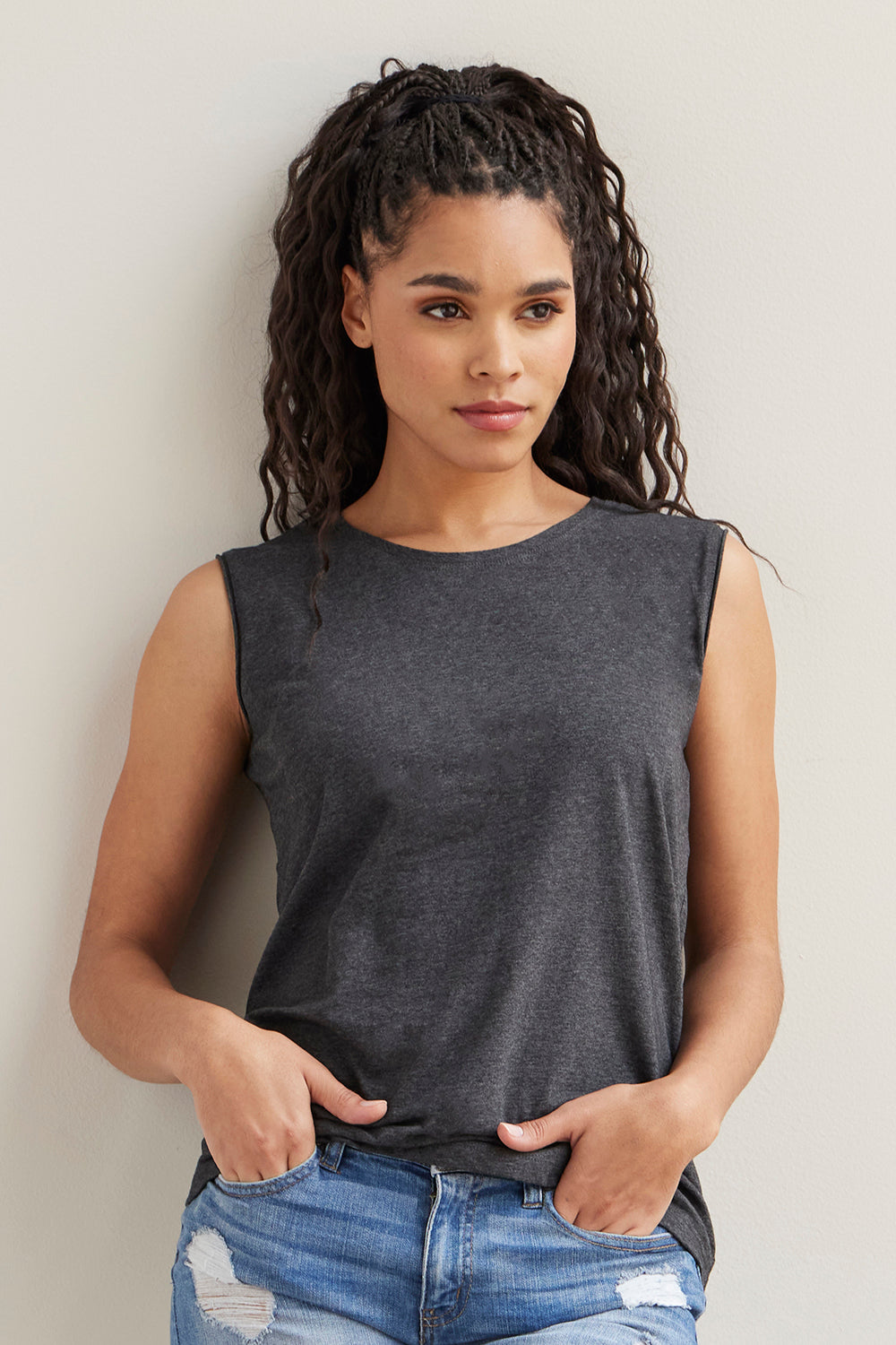 womens organic cotton sleeveless tee - dark charcoal heather grey - ethically made - fair trade clothing - fair indigo