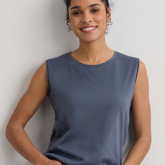 womens organic cotton sleeveless tee - slate blue - ethically made - fair trade clothing - fair indigo