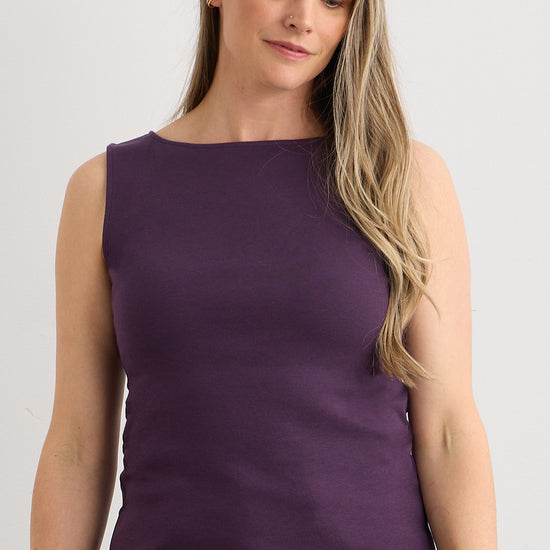 womens 100% organic cotton luxe sleeveless tee - eggplant purple - fair indigo fair trade ethically made