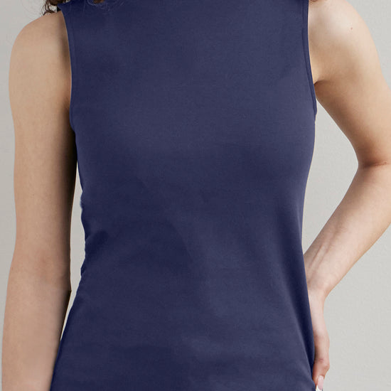 womens 100% organic cotton luxe sleeveless boat neck tee - midnight navy blue- fair indigo fair trade ethically made
