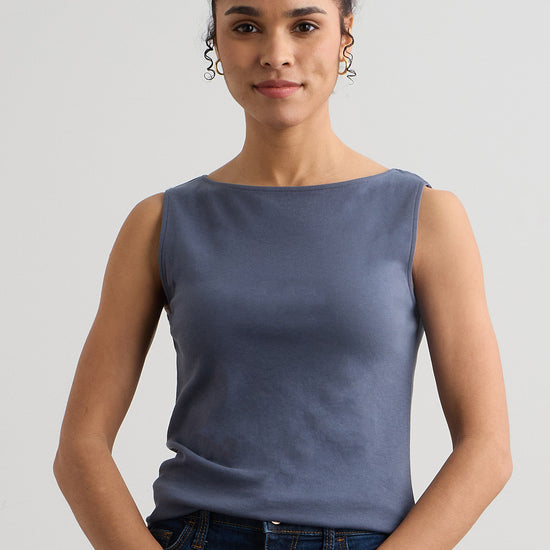 womens 100% organic cotton luxe sleeveless boat neck tee - slate blue - fair indigo fair trade ethically made