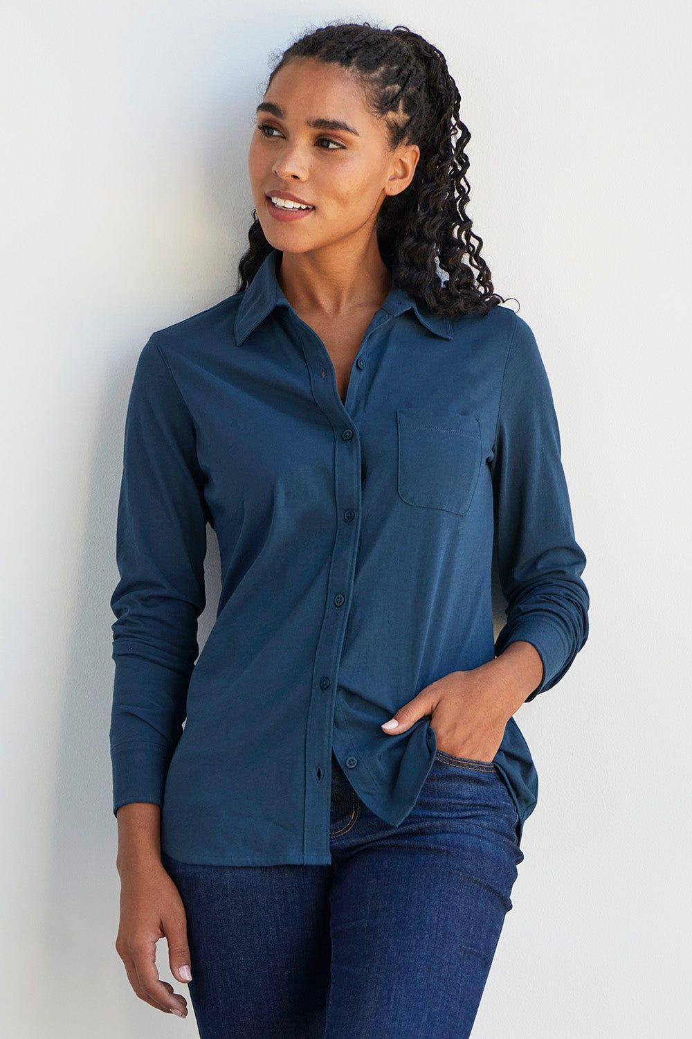 Women s 100 Cotton Knit Button Down Shirt Fair Indigo