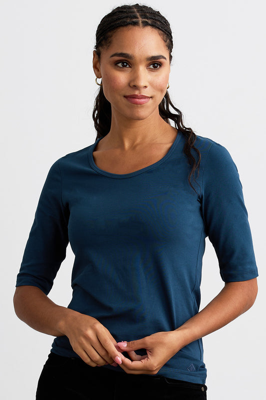 womens organic half elbow sleeve scoop neck t-shirt - dark ocean blue - fair indigo - fair trade