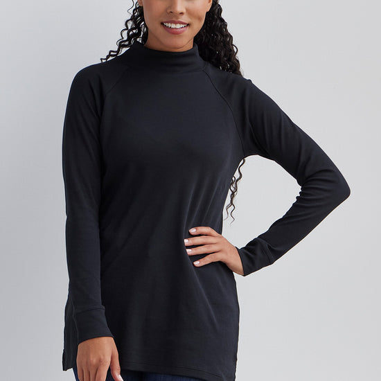 womens organic pima cotton long sleeve mock neck tunic top - black - ethically made fair trade clothing - fair indigo