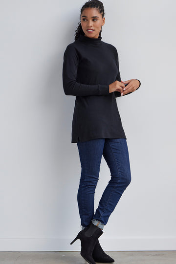 womens organic pima cotton long sleeve mock neck tunic top - black - ethically made fair trade clothing - fair indigo
