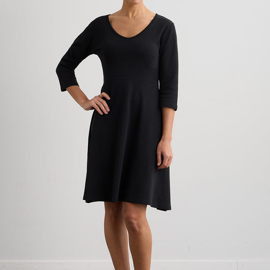 womens organic cotton 3/4 sleeve v-neck dress - black - fair indigo fair trade ethically made