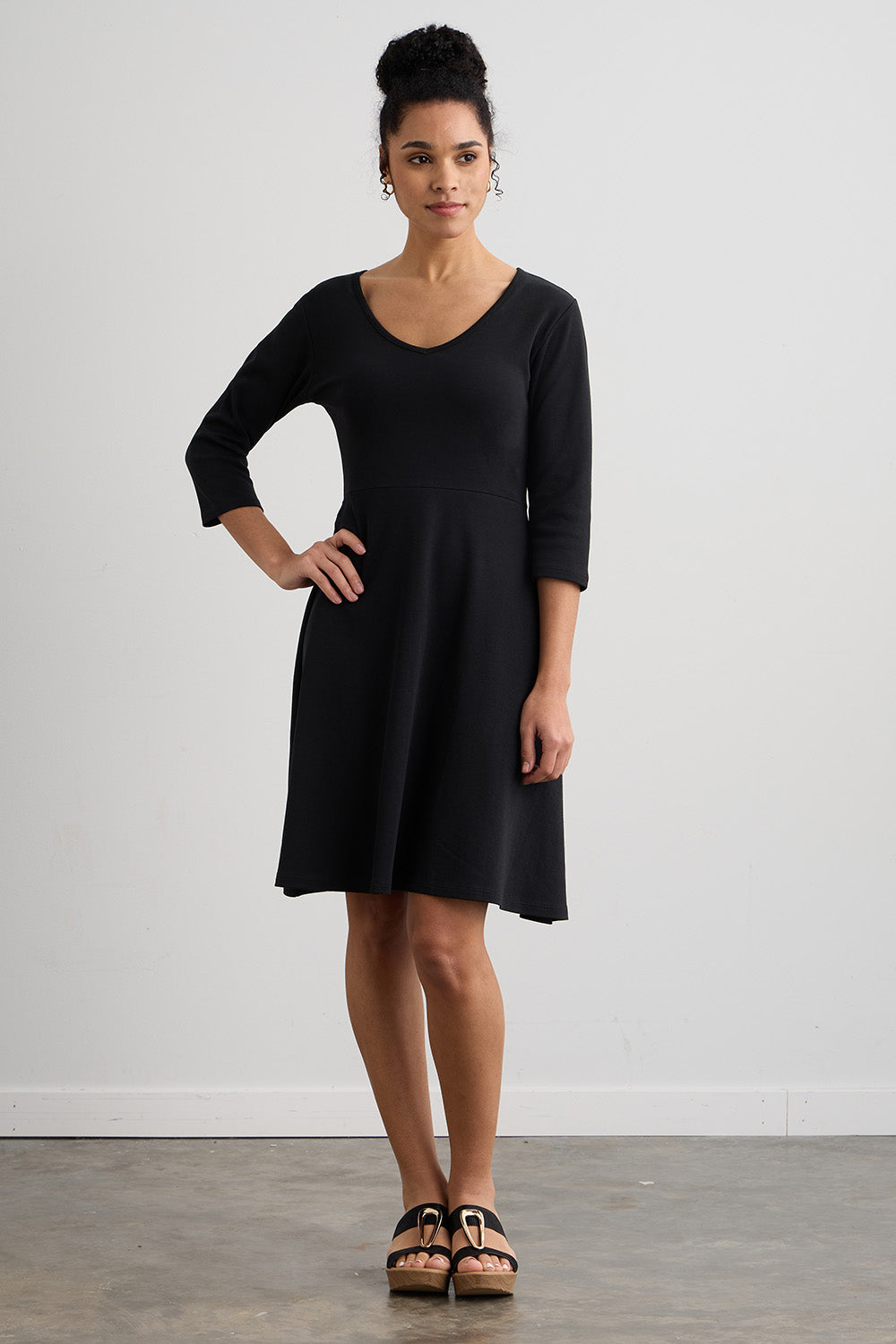 womens organic cotton 3/4 sleeve v-neck dress - black - fair indigo fair trade ethically made