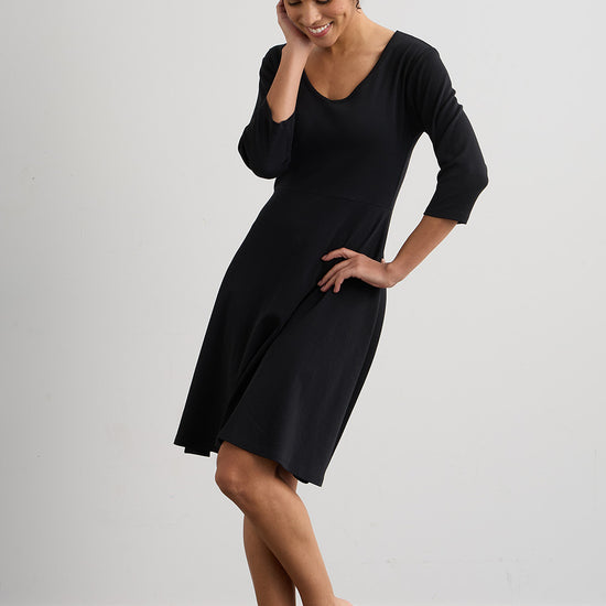 womens organic cotton elbow sleeve v-neck dress - black - fair indigo fair trade ethically made