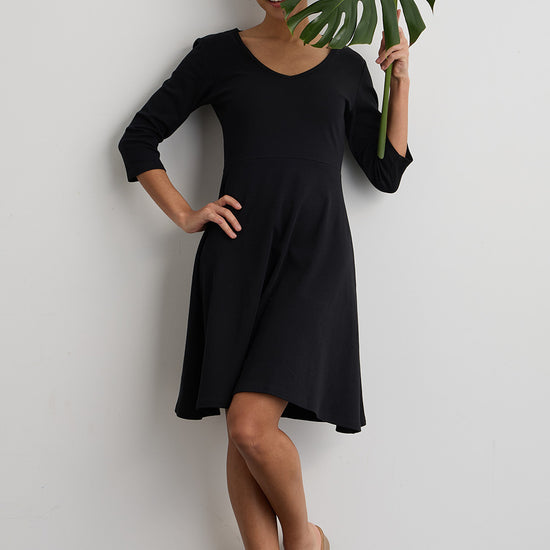 womens 100% organic cotton 3/4 sleeve vneck dress - black - fair indigo fair trade ethically made