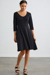 womens organic cotton 3/4 sleeve v-neck dress - black - fair indigo fair trade ethically made