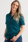 womens 100% organic cotton short sleeve button down shirt - deep teal green - fair trade clothing - fair indigo