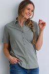 womens 100% organic cotton short sleeve button down shirt - sage green - fair trade clothing - fair indigo