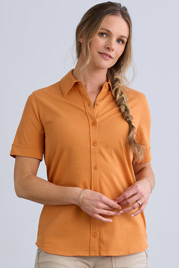 womens 100% organic cotton short sleeve button down shirt - tomato cream orange - fair trade clothing - fair indigo