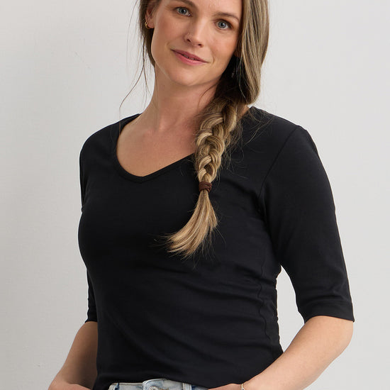 womens organic half sleeve v-neck t-shirt - black - ethically made fair trade clothing - fair indigo