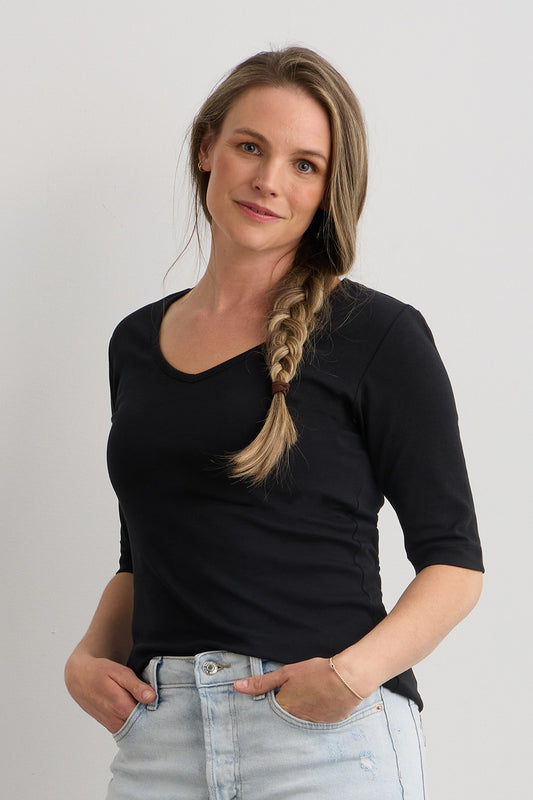 Women's Luxe 100% Organic Cotton Elbow Sleeve V-Neck Top
