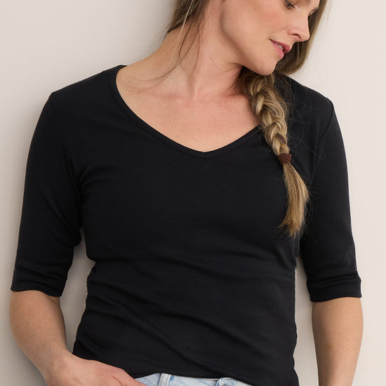 womens organic half sleeve v-neck t-shirt - black - ethically made fair trade clothing - fair indigo