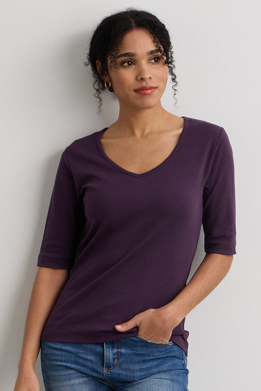 Women's Luxe 100% Organic Cotton Elbow Sleeve V-Neck Top