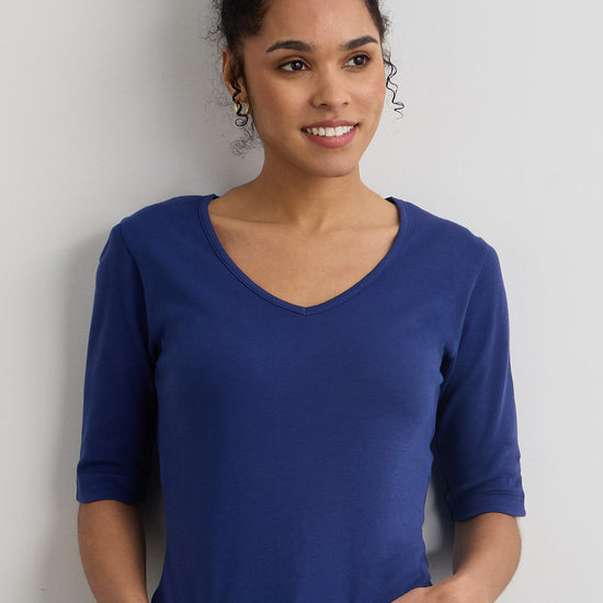 womens 100% organic cotton elbos sleeve v-neck t-shirt - royal blue - ethically made fair trade clothing - fair indigo