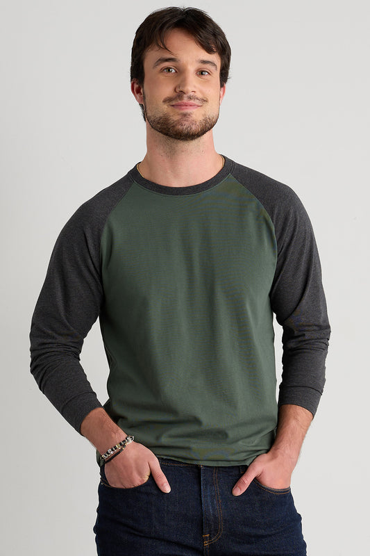 mens organic cotton raglan sleeve long sleeve t-shirt - balsam green - fair indigo fair trade ethically made