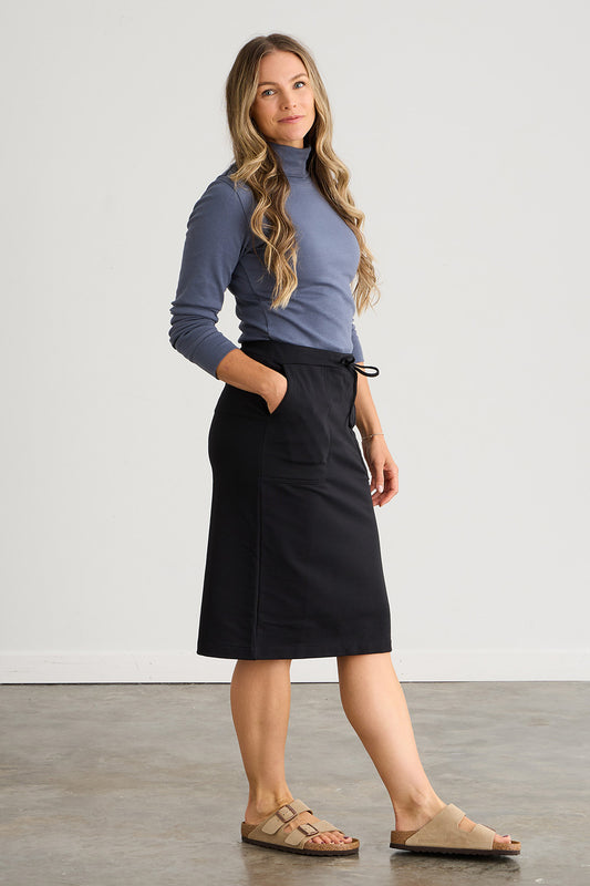 womens organic french terry midi sweat skirt with pockets black - fair indigo-ethically made