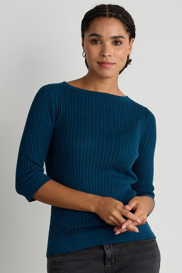 womens organic cotton half sleeve cable boat neck sweater - black - fair indigo ethically made