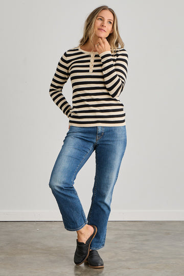 womens organic cotton striped henley sweater - black undyed - fair indigo ethically made