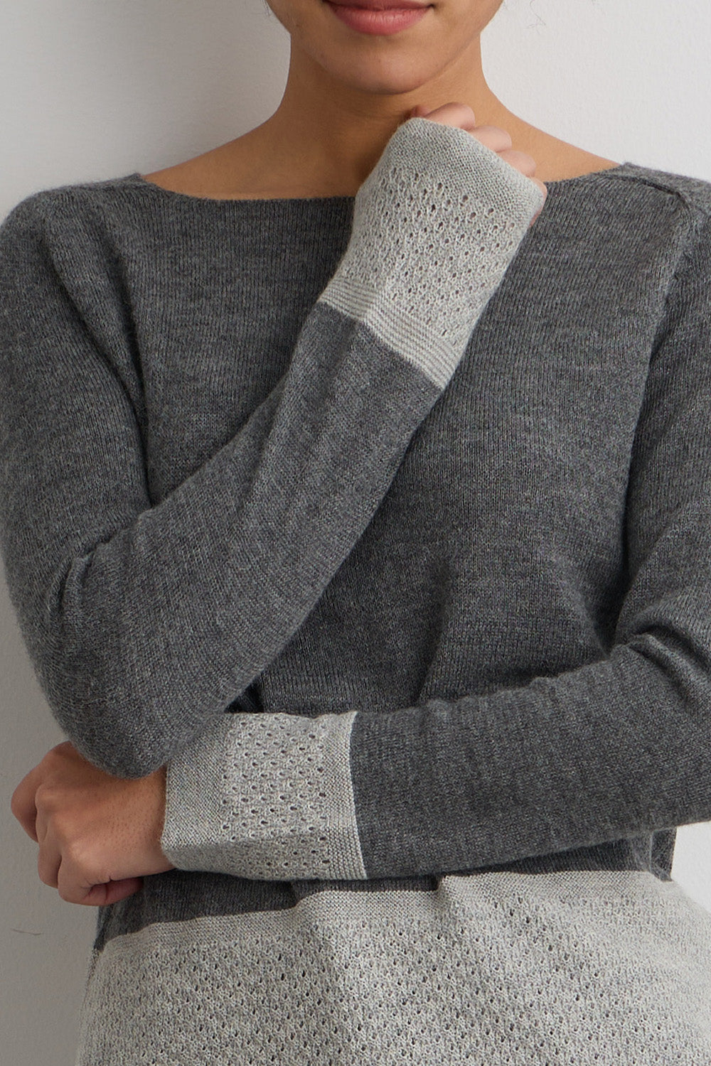 fair trade baby alpaca sweater colorblock top grey gray fair indigo organic ethically made